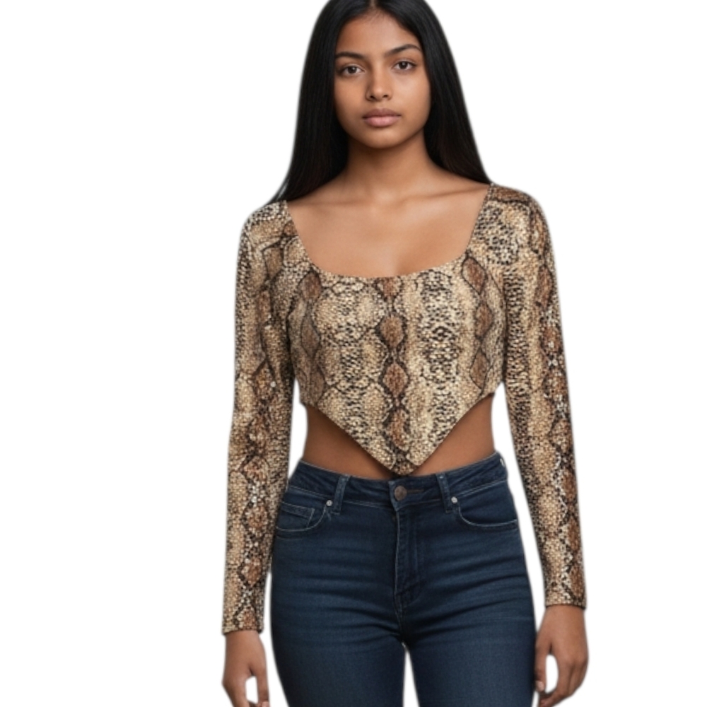 Blanc Snake Print Long Sleeve Crop Top Size Large